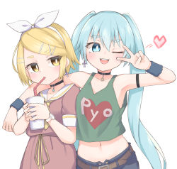 Rule 34 | 2girls, ;d, absurdres, alternate costume, aqua hair, belt, black choker, blonde hair, breasts, brown belt, brown dress, choker, collarbone, commentary request, cross, cross earrings, dress, drinking, drinking straw, drinking straw in mouth, earrings, hair ornament, hairclip, hatsune miku, heart, highres, holding, jewelry, kagamine rin, long hair, looking at another, midriff, multiple girls, navel, one eye closed, open clothes, open mouth, open shorts, short hair, short sleeves, shorts, sideways glance, small breasts, smile, stomach, tank top, teeth, twintails, upper teeth only, v, v over eye, very long hair, vocaloid, white background, yumoto motoyu