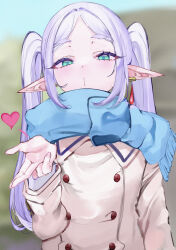 Rule 34 | 1girl, absurdres, aqua eyes, blowing kiss, buttons, double-breasted, earrings, elf, frieren, heart, highres, jewelry, long hair, looking at viewer, mile (off8mile), pointy ears, scarf, solo, sousou no frieren, twintails, white hair