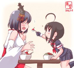 Rule 34 | 10s, 2016, 2girls, :3, ahoge, bare shoulders, black gloves, black hair, black serafuku, blue eyes, blush, bowl, braid, brown hair, commentary request, dated, detached sleeves, closed eyes, feeding, food, giving, gloves, hair ornament, hair over shoulder, hair ribbon, highres, ice cream, japanese clothes, kanon (kurogane knights), kantai collection, leg up, long hair, long sleeves, multiple girls, nontraditional miko, open mouth, pleated skirt, red ribbon, ribbon, school uniform, serafuku, shigure (kancolle), short hair, short sleeves, single braid, single glove, sitting, skirt, sparkle, spoon, standing, standing on one leg, table, wide sleeves, yamashiro (kancolle), aged down