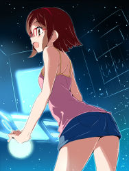 Rule 34 | 10s, 1girl, :d, akata itsuki, ass, back, bare shoulders, blush, breasts, brown eyes, brown hair, camisole, cowboy shot, denim, denim skirt, floating screen, from side, glasses, glowing, gundam, gundam build fighters, hairband, happy, indoors, kousaka china, light particles, looking afar, miniskirt, monitor, open mouth, outline, over-rim eyewear, pencil skirt, profile, red-framed eyewear, semi-rimless eyewear, short hair, skirt, small breasts, smile, solo