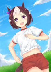 Rule 34 | 1girl, :d, absurdres, animal ears, blue sky, blush, bow, brown hair, cloud, commentary request, day, dutch angle, feiyyx, gym shirt, gym shorts, gym uniform, hair bow, highres, horse ears, horse girl, horse tail, looking at viewer, midriff peek, multicolored hair, navel, open mouth, outdoors, purple bow, purple eyes, red shorts, running, shirt, short hair, short shorts, short sleeves, shorts, sky, smile, solo, special week (umamusume), streaked hair, sweat, tail, teeth, umamusume, upper teeth only, white hair, white shirt