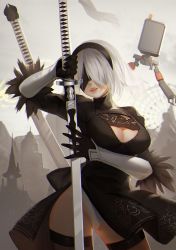 Rule 34 | 1girl, bad id, bad pixiv id, blindfold, breasts, brown thighhighs, cameltoe, cleavage, cleavage cutout, clothing cutout, ferris wheel, gloves, hairband, highres, katana, large breasts, leotard, light smile, lips, mole, mole under mouth, nier (series), nier:automata, parted lips, pod (nier:automata), sannye, short hair, silver hair, sword, thighhighs, thighs, weapon, white leotard, 2b (nier:automata)