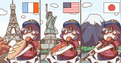 Rule 34 | 1girl, american flag, ancient greek clothes, baguette, blue hair, blue sky, bread, chiton, closed eyes, cloud, day, drooling, eiffel tower, food, france, french flag, hat, japan, japanese flag, miyako yoshika, monomi, mount fuji, ofuda, open mouth, sky, solo, star (symbol), statue of liberty, sushi, touhou, united states