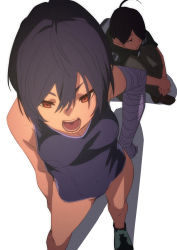 Rule 34 | 1boy, 1girl, araragi koyomi, bandaged arm, bandages, black hair, brown eyes, clothing request, commentary request, eyebrows hidden by hair, fu-ta, full body, green footwear, hair between eyes, hair over one eye, highres, kanbaru suruga, monogatari (series), open mouth, parted lips, shadow, shoes, short hair, simple background, sitting, standing, white background