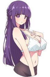 Rule 34 | 1girl, :t, bare shoulders, blunt bangs, bra, breasts, closed mouth, collarbone, commentary, cropped legs, fern (sousou no frieren), from side, hand up, highres, large breasts, long hair, looking at viewer, mel (melty pot), navel, pout, purple eyes, purple hair, simple background, solo, sousou no frieren, underboob, underwear, very long hair, white background, white bra
