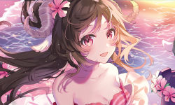 Rule 34 | 1girl, :d, animal ears, arknights, bare shoulders, beach, bikini, blush, breasts, brown hair, cleavage, collarbone, commentary request, day, eyjafjalla (arknights), eyjafjalla (summer flower) (arknights), flower, hair flower, hair ornament, hibiscus, horns, light particles, long hair, looking at viewer, medium breasts, ocean, off-shoulder bikini, off shoulder, official alternate costume, official art, open mouth, outdoors, pink bikini, pink eyes, pink flower, saine, sample watermark, sheep ears, sheep girl, sheep horns, smile, solo, sunlight, swimsuit, upper body, very long hair, water, watermark