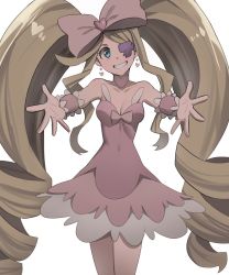 Rule 34 | 1girl, bare shoulders, blonde hair, blue eyes, breasts, cleavage, covered navel, dress, earrings, harime nui, heart, heart earrings, highres, jewelry, jourd4n, kill la kill, long hair, meme, my little pogchamp (meme), one eye covered, outstretched arms, pink dress, simple background, small breasts, solo, twintails, very long hair, white background