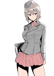 Rule 34 | 10s, 1girl, breasts, brown eyes, brown hair, clipboard, contrapposto, garrison cap, girls und panzer, halcon, hat, highres, large breasts, nishizumi maho, short hair, sketch, skirt, solo, standing, thighs, white background