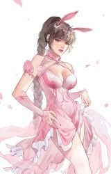Rule 34 | 1girl, absurdres, animal ears, braid, braided ponytail, breasts, cherry blossoms, douluo dalu, dress, hand on own hip, highres, holding, holding clothes, holding skirt, large breasts, lips, pink dress, rabbit ears, see-through, see-through skirt, skirt, thighhighs, white background, xiao wu (douluo dalu)
