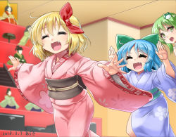 Rule 34 | 3girls, ^ ^, alternate costume, araki (qbthgry), blonde hair, blue hair, blue kimono, blurry, bow, ceiling, cirno, closed eyes, cowboy shot, dated, depth of field, fang, floral print, frog hair ornament, green eyes, green hair, hair bow, hair ornament, hands up, hina ningyou, hinadan, hinamatsuri, indoors, japanese clothes, kimono, kochiya sanae, looking at another, multiple girls, obi, open mouth, outstretched arms, pink kimono, rumia, running, sash, short hair, signature, spread arms, touhou