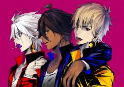 Rule 34 | 3boys, alternate costume, arm over shoulder, bishounen, blue jacket, candy, dark-skinned male, dark skin, earrings, fate/apocrypha, fate/grand order, fate/prototype, fate/prototype: fragments of blue and silver, fate/stay night, fate (series), food, gilgamesh (fate), jacket, jewelry, karna (fate), lollipop, looking at viewer, magenta background, male focus, multiple boys, multiple earrings, ozymandias (fate), pink background, pvc parfait, red jacket, shirt, t-shirt, tongue, tongue out, yellow jacket