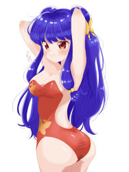 Rule 34 | 1girl, arms behind head, arms up, ass, breasts, highres, long hair, looking at viewer, medium breasts, nimono (nimono9292), one-piece swimsuit, purple hair, shampoo (ranma 1/2), simple background, skin tight, solo, swimsuit, white background