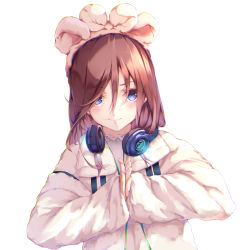 Rule 34 | 1girl, aotsuki kaoru, bad id, bad pixiv id, begging, blue eyes, brown hair, closed mouth, coat, commentary request, dutch angle, frills, go-toubun no hanayome, hair between eyes, hair ornament, headphones, headphones around neck, highres, long hair, long sleeves, looking at viewer, nakano miku, own hands together, palms together, simple background, sleeves past wrists, smile, solo, upper body, white background, white coat