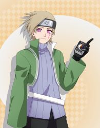 Rule 34 | 10s, 1boy, black gloves, boruto: naruto next generations, cropped jacket, forehead protector, gloves, highres, karatachi kagura, light brown hair, looking at viewer, male focus, moon-realm, naruto (series), pink eyes, ribbed sweater, smile, solo, sweater, turtleneck, turtleneck sweater