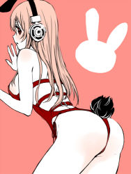 Rule 34 | 1girl, animal ears, bare legs, blush, breasts, cleavage, fake animal ears, female focus, headphones, large breasts, long hair, looking at viewer, lowres, nitroplus, pink hair, playboy bunny, potato (oriha94), rabbit ears, rabbit tail, red eyes, solo, super sonico, tail, wrist cuffs