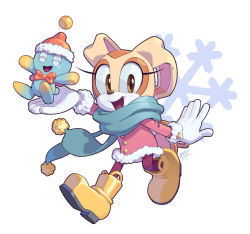 Rule 34 | 1girl, artist name, blue skin, boots, chao (sonic), christmas, colored skin, cream the rabbit, dress, evan stanley, floating, floating object, furry, furry female, gloves, hat, highres, long sleeves, open mouth, pants, ribbon, scarf, skirt, smile, snowflakes, sonic (series), tongue, yellow eyes, yellow fur, yellow skirt