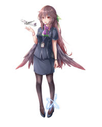 Rule 34 | 1girl, absurdres, aircraft, airplane, alternate costume, arm at side, atom, bare arms, black footwear, black skirt, bow, breast pocket, brown hair, brown pantyhose, dress shirt, feng ling (fenglingwulukong), flight attendant, formal, full body, hair between eyes, hair bow, hand up, headset, highres, legs apart, long hair, looking at viewer, miniskirt, open mouth, pantyhose, pencil skirt, pocket, red eyes, reiuji utsuho, scarf, shirt, shoes, short sleeves, simple background, skirt, smile, solo, standing, touhou, travel attendant, very long hair, watch, white background, wings, wristwatch