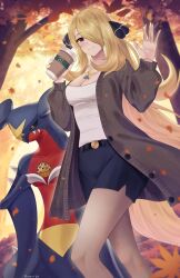 Rule 34 | 1girl, artist name, autumn, autumn leaves, bead necklace, beads, belt, blonde hair, breasts, cardigan, cleavage, closed mouth, coffee, coffee cup, creatures (company), cup, cynthia (pokemon), disposable cup, doiparuni, falling leaves, food, game freak, garchomp, gen 4 pokemon, green eyes, hair ornament, hair over one eye, highres, holding, holding cup, jewelry, large breasts, leaf, long hair, long sleeves, looking at viewer, medium breasts, muffin, necklace, nintendo, pantyhose, pokemon, pokemon (creature), pokemon dppt, shirt, shorts, smile, tree, waving, white shirt