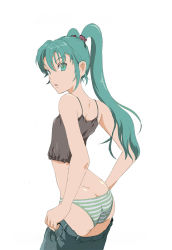 Rule 34 | 1girl, ass, back, bad id, bad pixiv id, butt crack, camisole, clothes pull, denim, dressing, flat chest, green eyes, green hair, green panties, hatsune miku, highres, jeans, long hair, looking back, matching hair/eyes, midriff, panties, pants, pants pull, pantyshot, pulled by self, shiika sadamasa, solo, standing, striped clothes, striped panties, twintails, underwear, undressing, very long hair, vocaloid