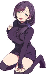 Rule 34 | 1girl, black sweater, black thighhighs, duke (inu daimyou), green eyes, hair ornament, hair scrunchie, kneeling, long hair, long sleeves, looking at viewer, love live!, love live! school idol project, open mouth, purple hair, purple scrunchie, scrunchie, simple background, smile, solo, sweater, thighhighs, thighs, tojo nozomi, white background