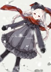 Rule 34 | 1girl, :o, bad id, bad pixiv id, beanie, boots, braid, coat dress, dress, frilled dress, frills, gomzi, grey hair, hat, lying, mittens, on back, original, pantyhose, red eyes, red scarf, revision, scarf, snow, solo, twin braids, winter