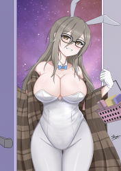 Rule 34 | 1girl, absurdres, akane (blue archive), akane (bunny) (blue archive), animal ears, bare shoulders, blue archive, blush, bow, bowtie, breasts, brown eyes, detached collar, fake animal ears, glasses, gloves, green hair, grin, hair between eyes, halo, hand up, highres, large breasts, leotard, long hair, looking at viewer, pantyhose, plaid, plaid scarf, playboy bunny, rabbit ears, sato art, scarf, sidelocks, sleeveless, smile, solo, standing, strapless, strapless leotard, white gloves, white leotard, white pantyhose
