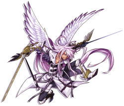 Rule 34 | 1boy, angel, armor, ars goetia, boots, buckle, dual wielding, earrings, full body, gauntlets, gloves, greaves, hair over one eye, halphas (mygrimoire), holding, jewelry, kyousaku, light purple hair, long hair, male focus, mygrimoire, original, pants, red eyes, smile, solo, sword, very long hair, weapon, white background, white hair, wings