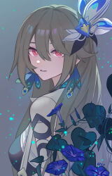 Rule 34 | 1girl, absurdres, ai dongdong, blue flower, commentary, commentary typo, earrings, english commentary, flower, hair between eyes, highres, honkai (series), honkai impact 3rd, jewelry, long hair, looking at viewer, parted lips, plant, red eyes, signature, simple background, solo, upper body, vita (honkai impact), white headwear, yellow pupils
