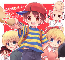 Rule 34 | 1girl, 4boys, :d, anniversary, arm up, backpack, bag, baseball bat, baseball cap, black hair, black headwear, black wristband, blonde hair, blue eyes, blue shirt, blush, border, bow, brown eyes, brown hair, chana gon, closed mouth, collared dress, collared shirt, commentary request, copyright name, doseisan, dougi, dress, frown, frying pan, glasses, hair between eyes, hair bow, hand up, hat, heart, holding, holding baseball bat, holding frying pan, jeff andonuts, long sleeves, looking at viewer, looking to the side, mother (game), mother 2, multiple boys, ness (mother 2), nintendo, on head, open mouth, outline, outside border, parted bangs, paula (mother 2), pink bow, pink dress, poo (mother 2), puffy short sleeves, puffy sleeves, red background, red headwear, round eyewear, shirt, short hair, short sleeves, shorts, sideways hat, simple background, smile, star (symbol), striped clothes, striped shirt, suspenders, t-shirt, teeth, tony (mother 2), two-tone shirt, upper teeth only, v-shaped eyebrows, white border, white outline, white shirt, wristband, yellow bag, yellow shirt