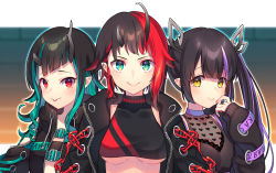 Rule 34 | 3girls, belt, belt bra, black hair, black jacket, black sports bra, blue belt, blue eyes, blue hair, blunt bangs, breasts, chain, chest belt, cleavage, closed mouth, clothing cutout, cross-laced clothes, cross-laced sleeves, demon girl, demon horns, ear chain, ear piercing, fang, heart, highres, horns, jacket, kojo anna, kojo anna (1st costume), kusumoto shizuru, large breasts, long hair, long sleeves, looking at viewer, medium breasts, multicolored hair, multiple girls, nanashi inc., off shoulder, open clothes, open jacket, piercing, pointy ears, purple hair, red eyes, red hair, ryugasaki rene, ryugasaki rene (1st costume), see-through, see-through cleavage, shishio chris, short hair, shoulder cutout, small breasts, smile, sports bra, sugar lyric, tongue, tongue out, twintails, two-tone hair, underbite, underboob, upper body, virtual youtuber, yellow eyes