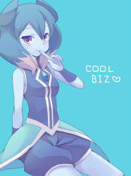 Rule 34 | 10s, 1girl, adapted costume, blue background, blue hair, blue skin, blue theme, breasts, colored skin, enari, english text, finger to mouth, heart, inazuma eleven (series), inazuma eleven go, inazuma eleven go galaxy, long hair, multicolored hair, powai pichori, sitting, sleeveless, small breasts, smile, solo, two-tone hair, white hair