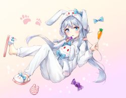 Rule 34 | 1girl, animal ears, animal hood, blue eyes, rabbit ears, rabbit hood, fake animal ears, floating hair, full body, geuyeon, highres, holding, hood, jacket, long hair, long sleeves, looking at viewer, open mouth, pajamas, pants, silver hair, slippers, solo, soulworker, stella unibell, stuffed animal, stuffed toy, very long hair, white background, white jacket, white pants