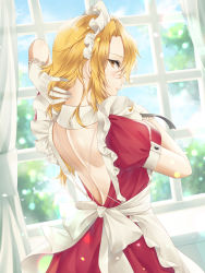 Rule 34 | 1girl, back, back focus, blonde hair, brown eyes, commission, from behind, gloves, highres, kirisita, lips, looking at viewer, maid, maid headdress, nape, parted lips, pixiv commission, puffy short sleeves, puffy sleeves, short hair, short sleeves, solo, touhou, touhou (pc-98), white gloves, yumeko (touhou)