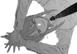 Rule 34 | 1girl, arms up, chainsaw man, greyscale, hair between eyes, hatching (texture), highres, long hair, makima (chainsaw man), monochrome, necktie, otsudou, own hands together, parted lips, ringed eyes, simple background, smile, solo, white background