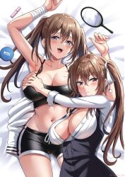 Rule 34 | 2girls, armpits, arms up, bed, blue eyes, blush, boku no kanojo sensei, breasts, brown hair, cleavage, cosmetics, crossed bangs, embarrassed, female focus, fujiki maka, grabbing, grabbing another&#039;s breast, hair between eyes, highres, large breasts, legs, lipstick tube, long hair, looking at viewer, lying, mirror, multiple girls, official art, on bed, open mouth, oryo (oryo04), red eyes, sdwing, short shorts, shorts, smile, sports bra, sweat, thighs, twintails, unbuttoned, unbuttoned shirt
