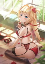 Rule 34 | 1girl, akai haato, arm garter, arm support, ass, back, bare shoulders, black choker, black thighhighs, blonde hair, blue eyes, blush, bra, breasts, candy, chocolate, chocolate heart, choker, commentary, curtains, day, fingernails, food, frilled bra, frilled panties, frills, from behind, full body, garter belt, hair between eyes, hair ornament, hair ribbon, heart, heart hair ornament, highres, holding, holding heart, hololive, indoors, lingerie, long hair, looking at viewer, looking back, medium breasts, milluun, nail polish, no shoes, one side up, panties, petals, red bra, red nails, red panties, red ribbon, ribbon, sidelocks, sitting, solo, symbol-only commentary, thighhighs, underwear, underwear only, very long hair, virtual youtuber, wariza, window