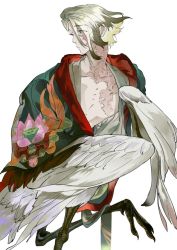 Rule 34 | 1boy, atie1225, blonde hair, claws, feathered wings, full body, harpy boy, japanese clothes, kimono, male focus, monster boy, open clothes, open kimono, original, scar, scar across eye, scar on chest, scar on face, short hair, skinny, solo, talons, white background, wings