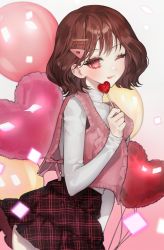 Rule 34 | 1girl, absurdres, balloon, bamme o3o, blurry, blurry foreground, blush, brown hair, candy, confetti, eyelashes, food, gradient background, hair ornament, hairclip, heart, heart balloon, highres, holding, holding candy, holding food, holding lollipop, lollipop, long eyelashes, looking at viewer, one eye closed, original, pink eyes, pink ribbon, plaid, plaid skirt, ribbon, short hair, skirt, sleeves past wrists, smile, solo, tongue, tongue out, triangle hair ornament, turtleneck