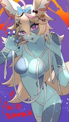 Rule 34 | 1girl, ahoge, animal ears, bandages, blonde hair, blue skin, bow, breasts, colored skin, hair bow, hair ornament, halloween, highres, hololive, long hair, looking at viewer, multicolored hair, omaru polka, open mouth, pink hair, purple eyes, solo, stitched arm, stitched face, stitched leg, stitches, tail, virtual youtuber, x hair ornament, yuuppi, zombie