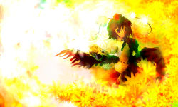 Rule 34 | 1girl, absurdres, autumn, brown hair, camera, colorful, female focus, fu kka, highres, looking at viewer, shameimaru aya, solo, touhou, yellow theme