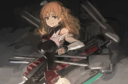 Rule 34 | 1girl, absurdres, bare shoulders, black background, blonde hair, braid, breasts, brown eyes, french braid, hat, highres, kantai collection, large breasts, long hair, looking at viewer, machinery, mini hat, moor, shirt, smile, solo, turret, upper body, wavy hair, white shirt, zara (kancolle), zara due (kancolle)