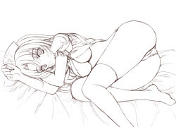 Rule 34 | 1girl, ass, blush, breasts, female focus, greyscale, hat, large breasts, lying, monochrome, nipples, open clothes, open shirt, panties, shirt, sin-go, sketch, solo, touhou, underboob, underwear, white background, yagokoro eirin