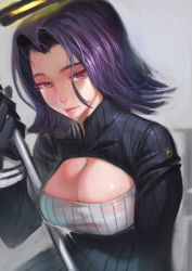 Rule 34 | 10s, 1girl, breasts, cleavage, gloves, halo, kantai collection, long hair, mechanical halo, medium breasts, polearm, purple eyes, purple hair, solo, tatsuta (kancolle), tianzhong zhongtian, weapon