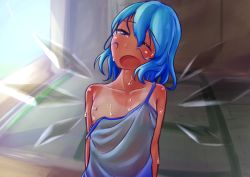 Rule 34 | 1girl, artist name, bare shoulders, blue eyes, blue hair, blue shirt, blue sky, blush, cirno, collarbone, dark-skinned female, dark skin, day, female focus, flat chest, half-closed eye, hot, ice, ice wings, katsura dendou, looking to the side, matching hair/eyes, nipple slip, nipples, no bra, off shoulder, one eye closed, open mouth, outdoors, see-through, shirt, short hair, sidelocks, signature, sky, solo, spaghetti strap, strap slip, sweat, tan, tank top, tanline, tanned cirno, touhou, upper body, wings