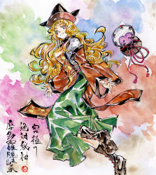 Rule 34 | 1girl, black hat, blonde hair, blue background, boots, breasts, brown footwear, brown hat, cape, closed mouth, drum, flying, green background, green skirt, hat, highres, instrument, kabaji, long hair, long sleeves, looking at viewer, matara okina, medium breasts, multicolored background, orange background, orange cape, orange sleeves, pink background, shikishi, shirt, skirt, smile, solo, sun symbol, touhou, traditional media, tsuzumi, white shirt, yellow background, yellow eyes