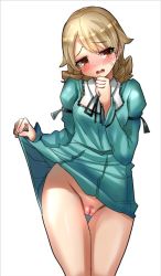 Rule 34 | 1girl, bad id, bad pixiv id, blush, breasts, brown eyes, brown hair, clothes lift, drill hair, female pubic hair, idolmaster, idolmaster cinderella girls, justeeeeth, lifted by self, light brown hair, long hair, long sleeves, looking away, morikubo nono, no panties, open mouth, pubic hair, pulled by self, pussy, simple background, skirt, skirt lift, solo, white background