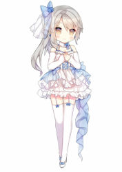 Rule 34 | 1girl, alternate costume, blue bow, blue flower, blush, bow, breasts, brown eyes, collar, detached sleeves, dress, earrings, eyebrows, flower, flower earrings, frills, full body, garter straps, grey hair, hair flower, hair ornament, jewelry, legs together, long hair, long sleeves, looking at viewer, ning hai (warship girls r), shoes, side ponytail, small breasts, smile, solo, standing, tengxiang lingnai, thighhighs, veil, warship girls r, white background, white dress, white footwear, white thighhighs, zettai ryouiki