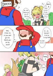 Rule 34 | 1boy, 2girls, arm behind head, bare shoulders, black dress, blonde hair, blue eyes, blurry, blurry background, blush, blush stickers, bowsette, cabbie hat, comic, confession, dress, earrings, english text, engrish text, faceless, happy, hat, head out of frame, horns, jewelry, long hair, mario (series), multiple girls, new super mario bros. u deluxe, nintendo, nose blush, overalls, pink dress, ponytail, princess peach, ranguage, red shirt, sesield, shirt, short hair, strapless, strapless dress, super crown