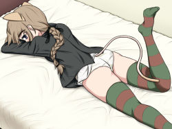 Rule 34 | 1girl, animal ears, ass, bed, blazer, blue eyes, braid, braided ponytail, brown hair, cat ears, flat ass, from behind, jacket, leg up, long hair, looking back, lying, lynette bishop, no pants, omochi (masamicron), on stomach, panties, peeking, ponytail, ribbon, shirt, single braid, solo, strike witches, striped clothes, striped thighhighs, tail, thighhighs, underwear, white panties, world witches series