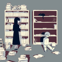 Rule 34 | 1boy, 1girl, ahoge, avogado6, barefoot, between legs, black cat, black dress, black eyes, black hair, book, book stack, bookshelf, cat, commentary request, dress, closed eyes, from behind, glasses, hand between legs, own hands clasped, head tilt, holding, holding book, ladder, library, limited palette, long dress, long hair, looking at another, original, own hands together, pants, shoes, silk, sitting, sleeping, spider web, standing